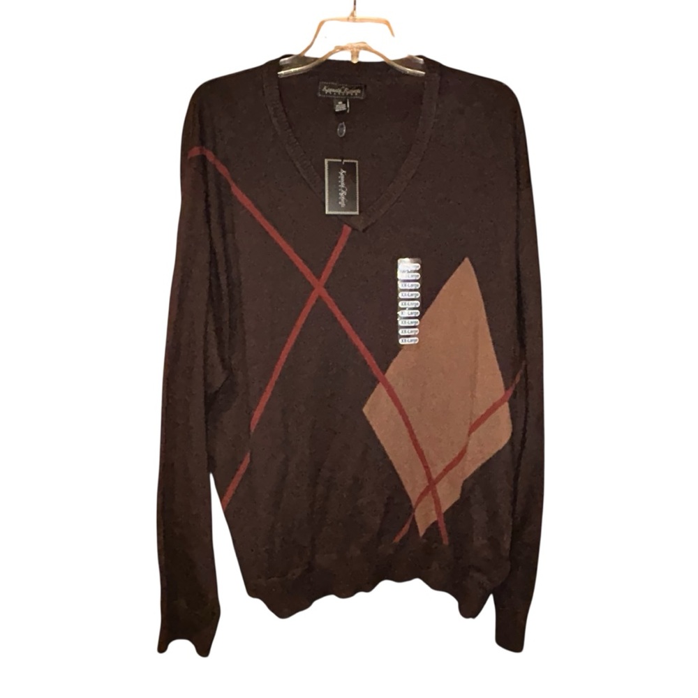 Kenneth Roberts Platinum Cotton Cashmere Sweater XXL Brown V‎ Neck Argyle NWT